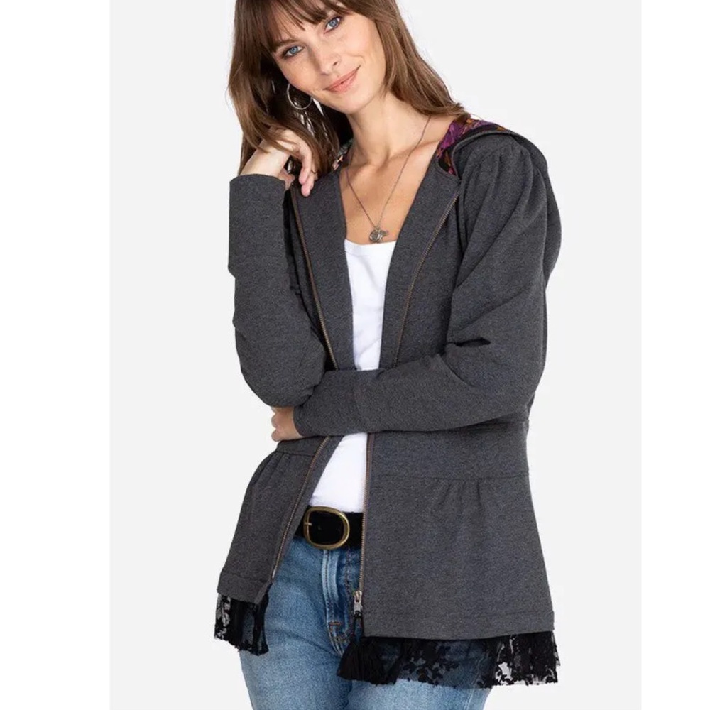 NWOT Johnny Was Jina Peplum Hoodie - Dark Gray